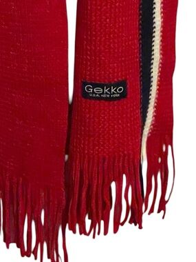 Gekko Red Knit Fringe Scarf with Contrast Stripe